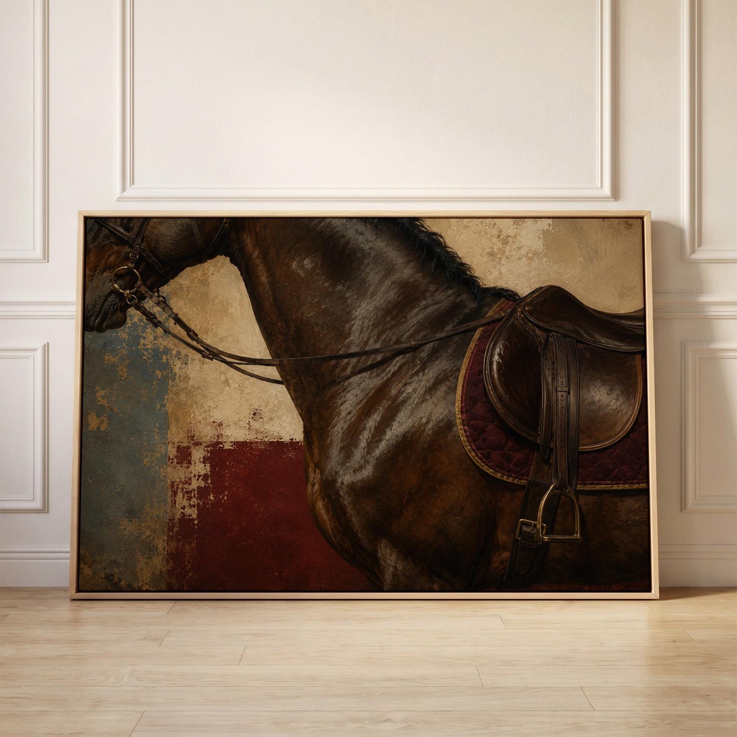 Bay horse in an English saddle with detailed leather tack, canvas print held up against a sunlit bedroom wall