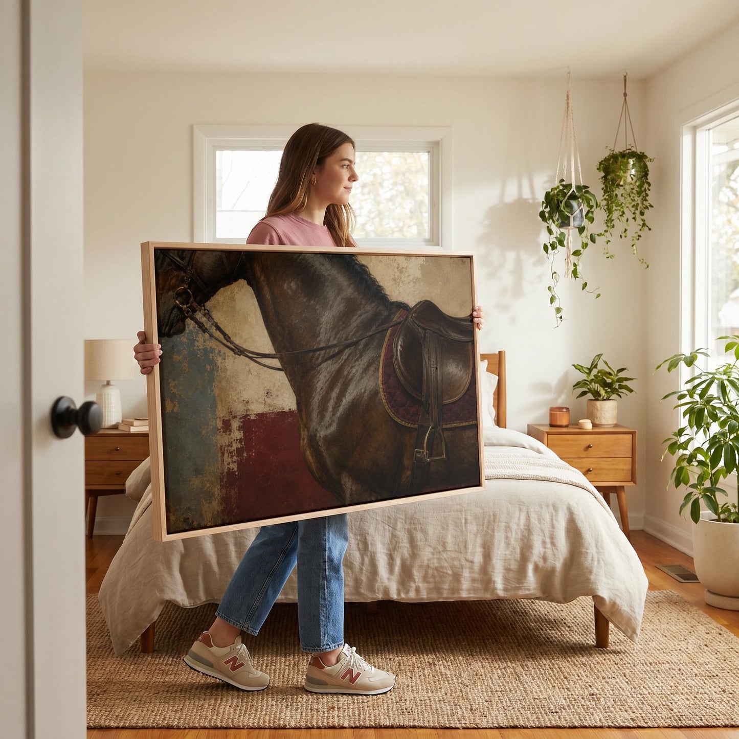 Bay horse in an English saddle with detailed leather tack, canvas print presented in a light, minimal room