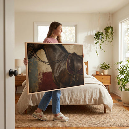 Bay horse in an English saddle with detailed leather tack, canvas print presented in a light, minimal room