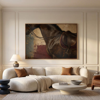Bay horse in an English saddle with detailed leather tack, canvas print shown to scale in a furnished room