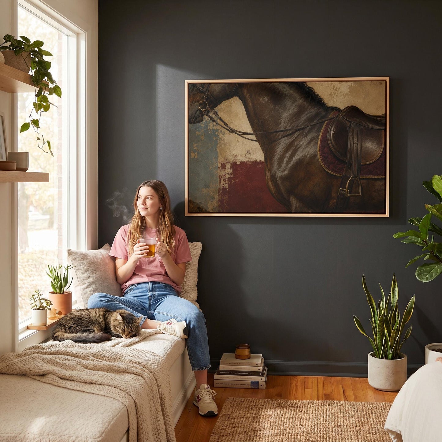Bay horse in an English saddle with detailed leather tack, canvas print shown in a sunlit, contemporary room