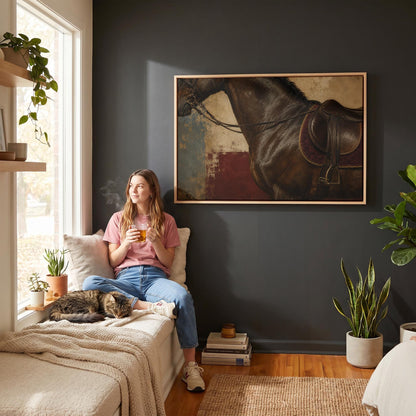 Bay horse in an English saddle with detailed leather tack, canvas print shown in a sunlit, contemporary room