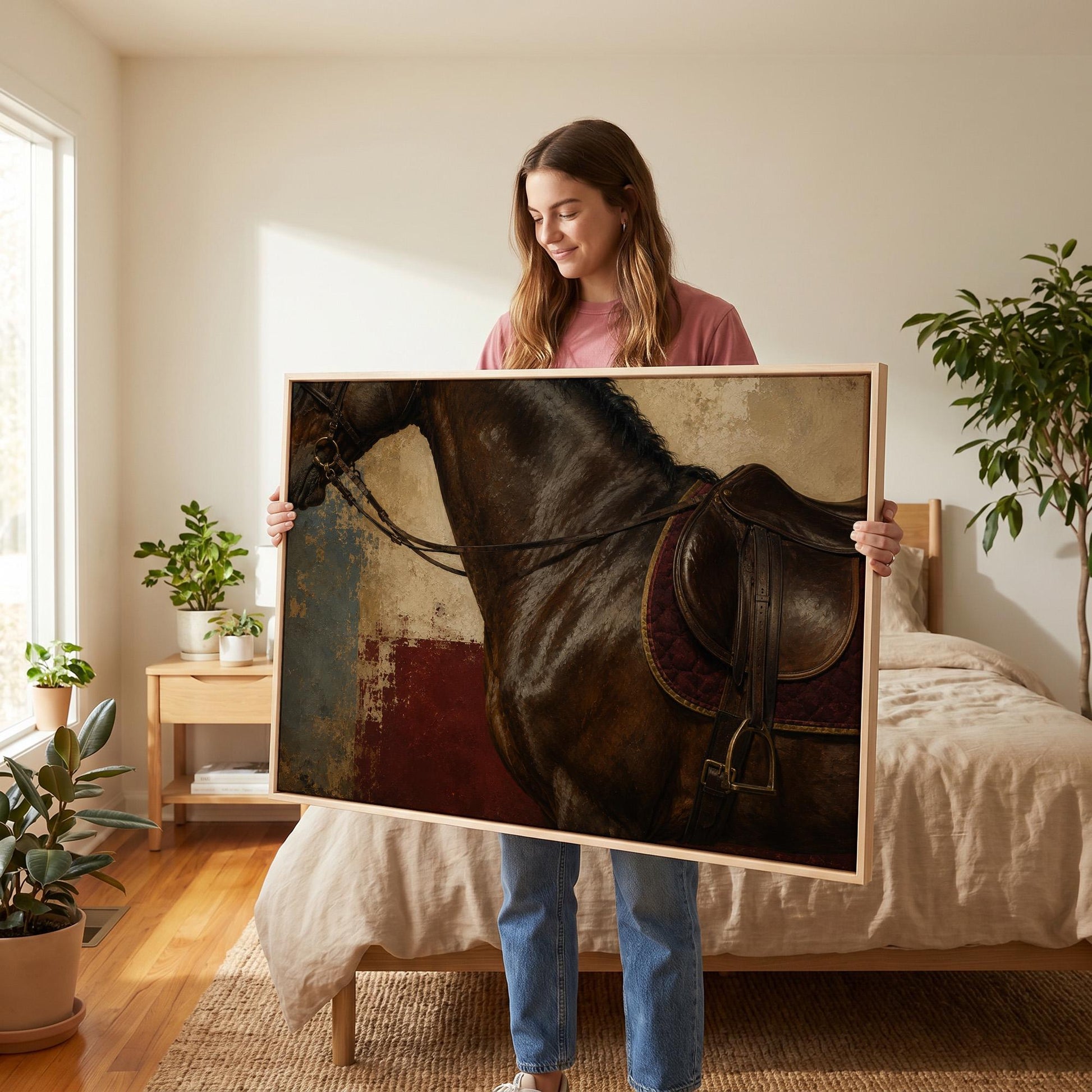 Bay horse in an English saddle with detailed leather tack, canvas wall art seen in a warm interior with natural light