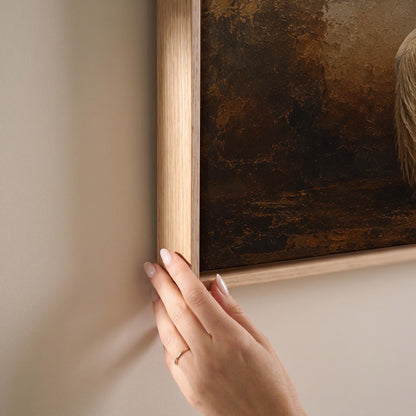 Pale horse standing against a broad rust and cream textured ground, canvas print shown at full size in a light-filled bedroom