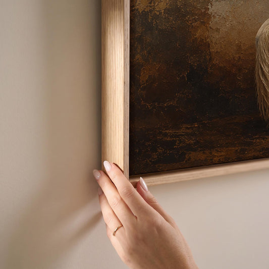 Pale horse standing against a broad rust and cream textured ground, canvas print shown at full size in a light-filled bedroom