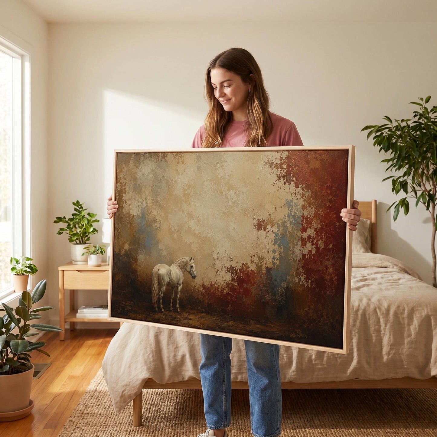 Pale horse standing against a broad rust and cream textured ground, canvas print styled against a soft white wall