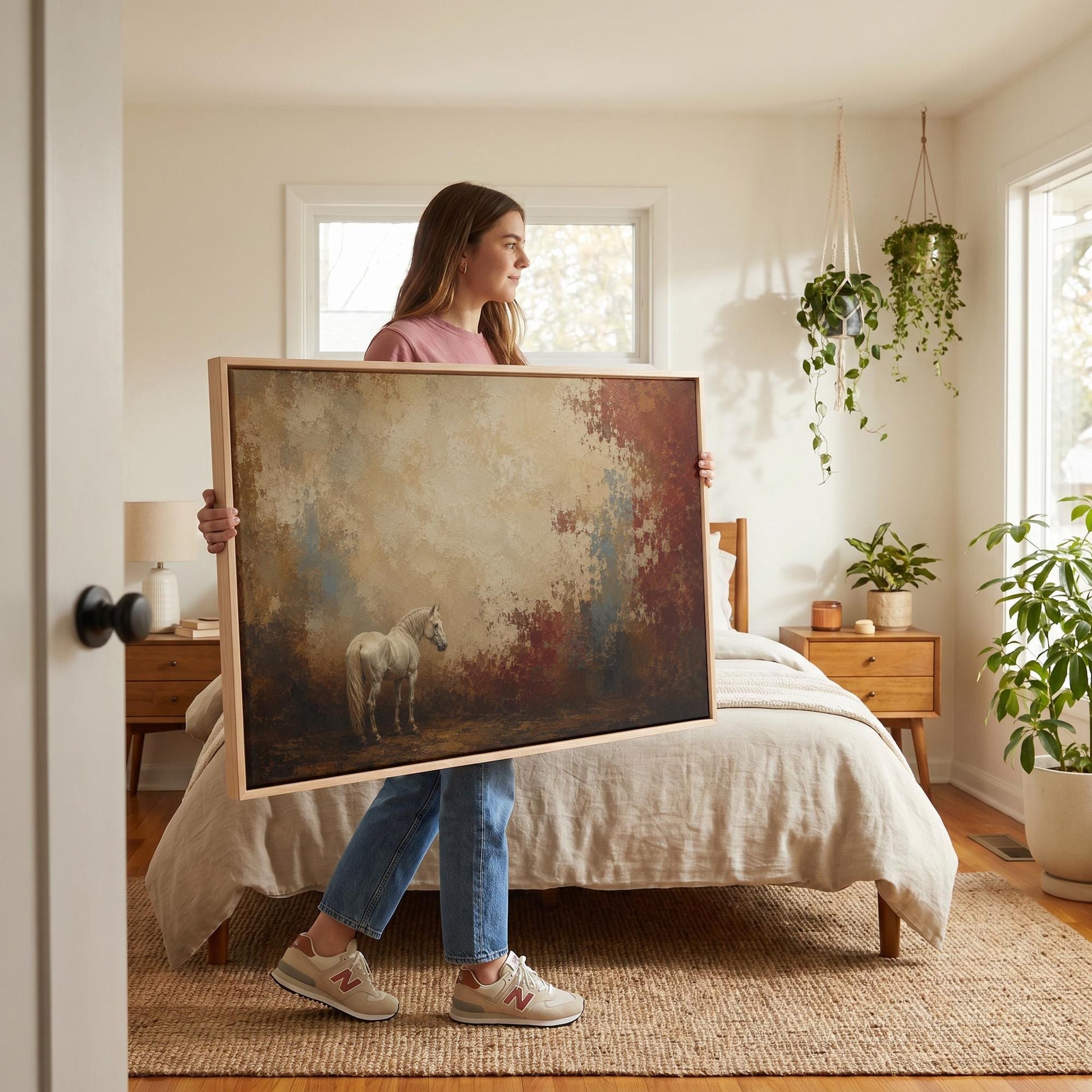 Pale horse standing against a broad rust and cream textured ground, canvas print seen in a warm interior with natural light