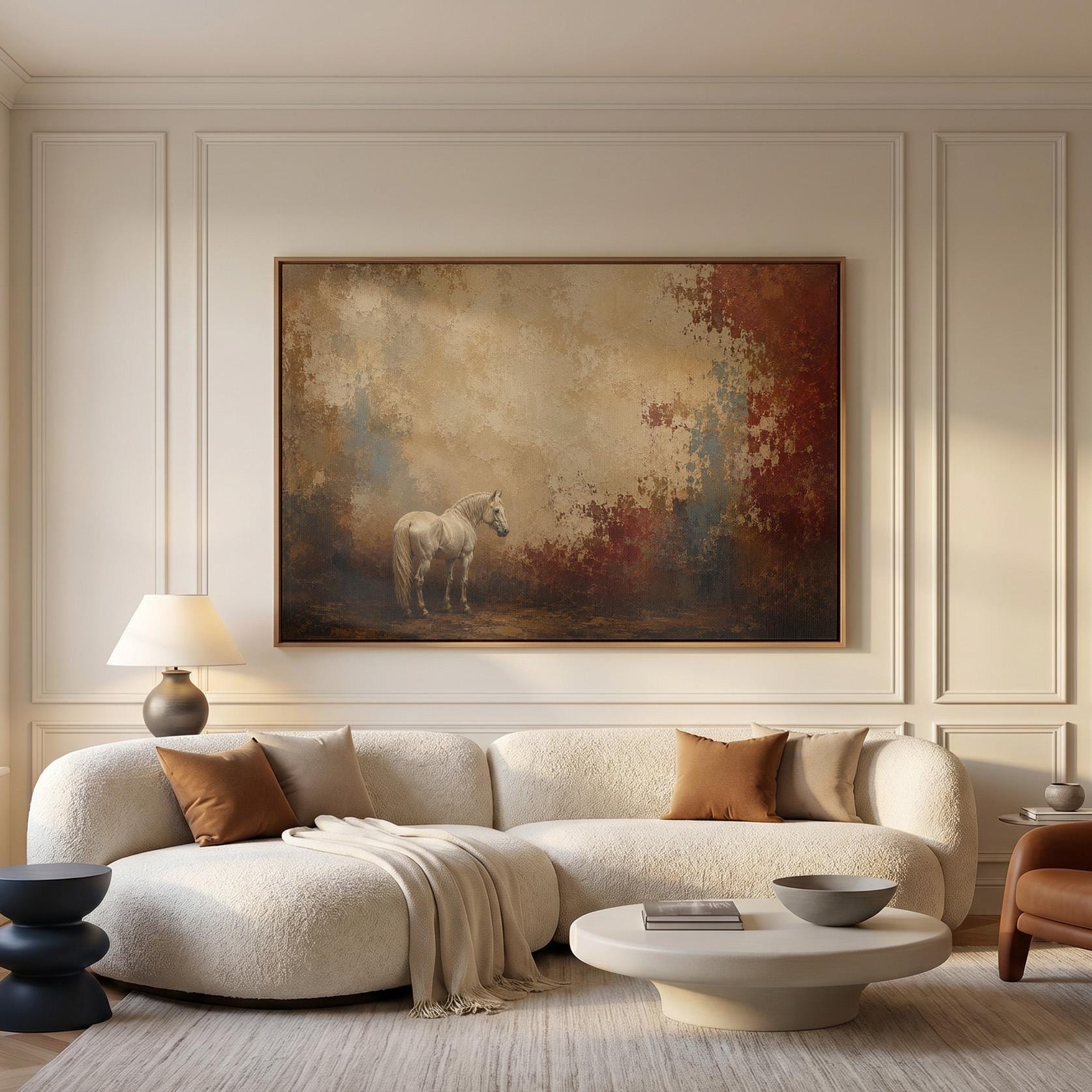 Pale horse standing against a broad rust and cream textured ground, canvas print presented in a light, minimal room