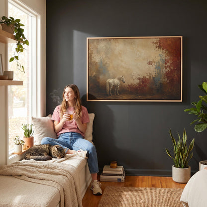Pale horse standing against a broad rust and cream textured ground, canvas print on a quiet wall in a considered interior