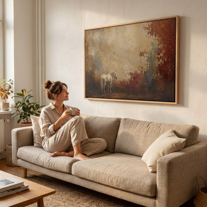 Pale horse standing against a broad rust and cream textured ground, canvas print shown to scale in a furnished room
