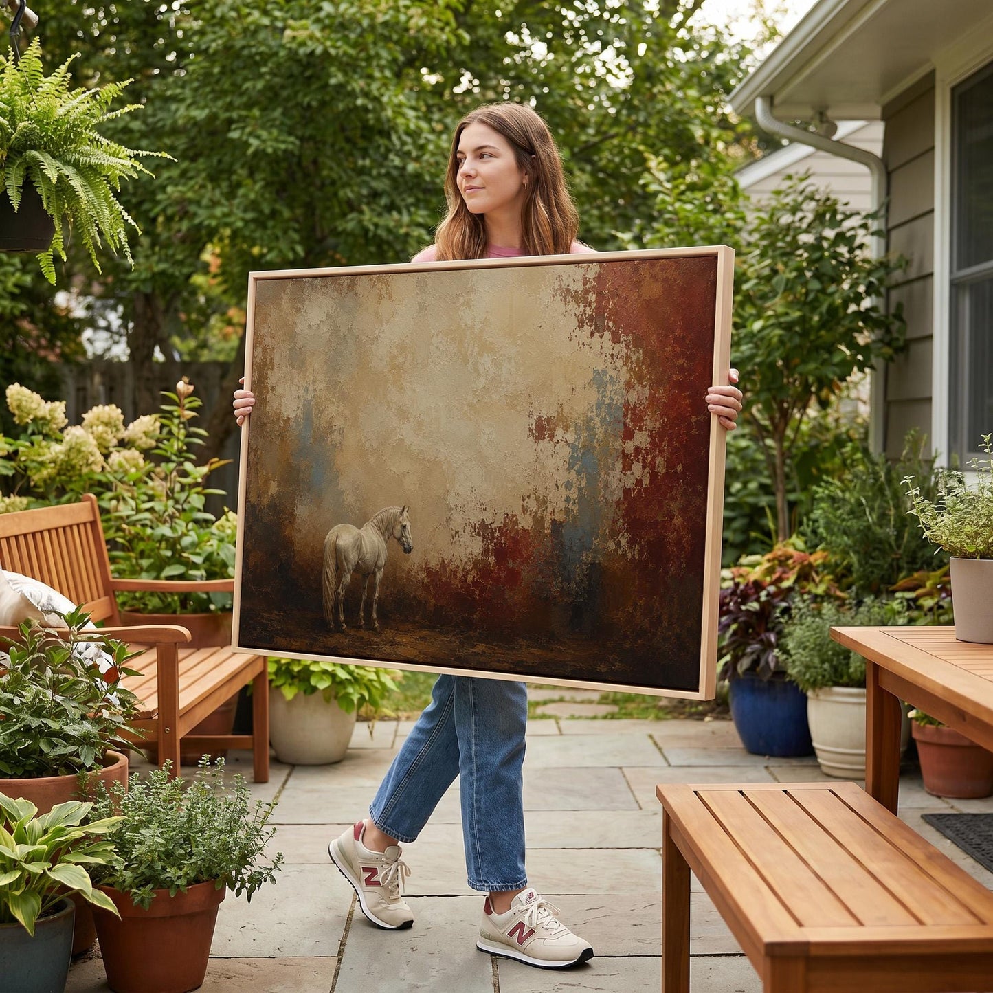 Pale horse standing against a broad rust and cream textured ground, canvas wall art hanging in a calm, modern living space