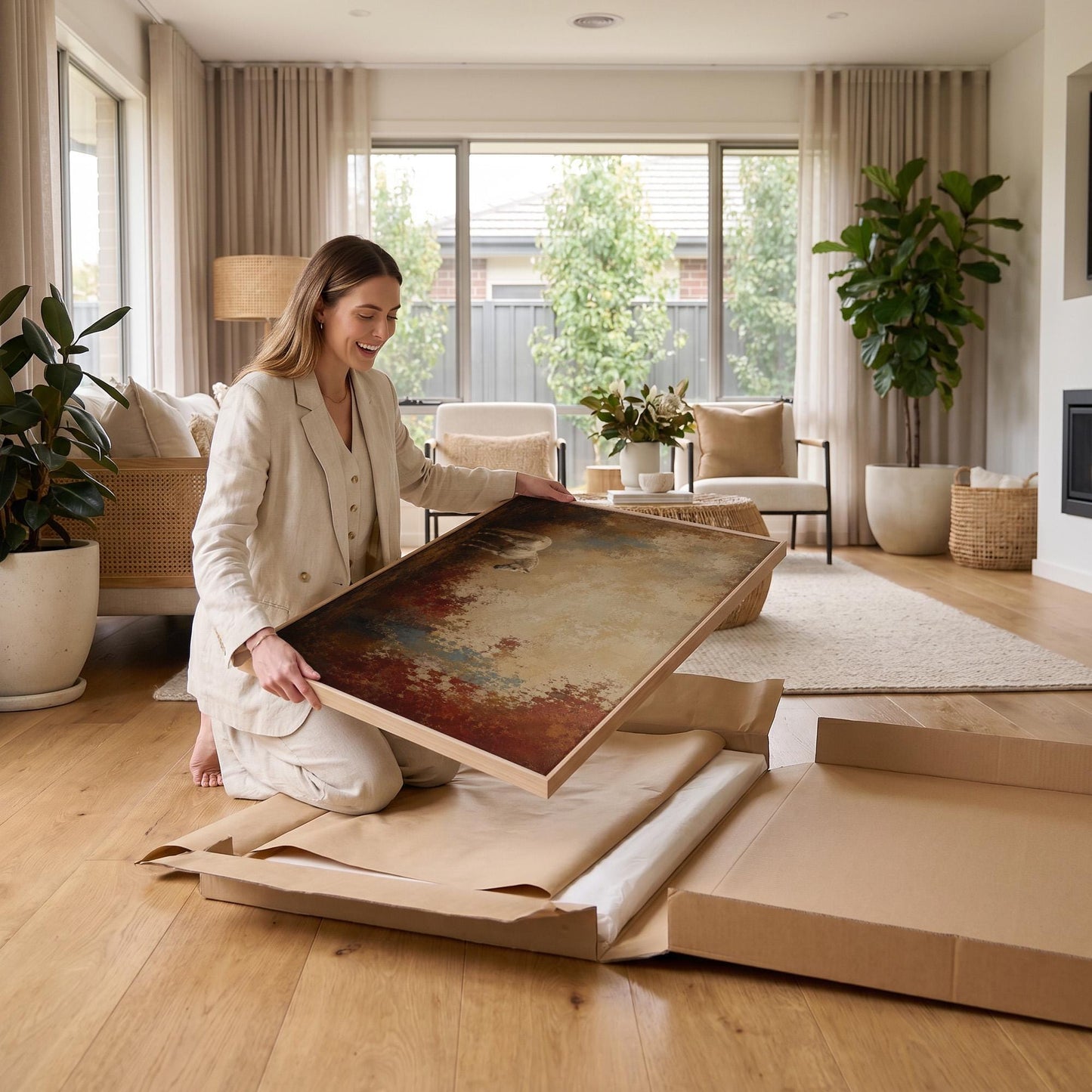 Pale horse standing against a broad rust and cream textured ground, canvas wall art seen in a warm interior with natural light