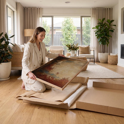Pale horse standing against a broad rust and cream textured ground, canvas wall art seen in a warm interior with natural light