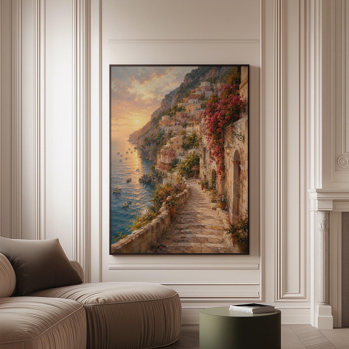 Amalfi coast sunset painting with stone path and bougainvillea, canvas print on a softly lit wall in a calm interior