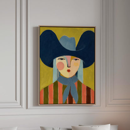 Folk cowgirl in an oversized navy hat and blue neckerchief on mustard, canvas print in a bright room with natural daylight