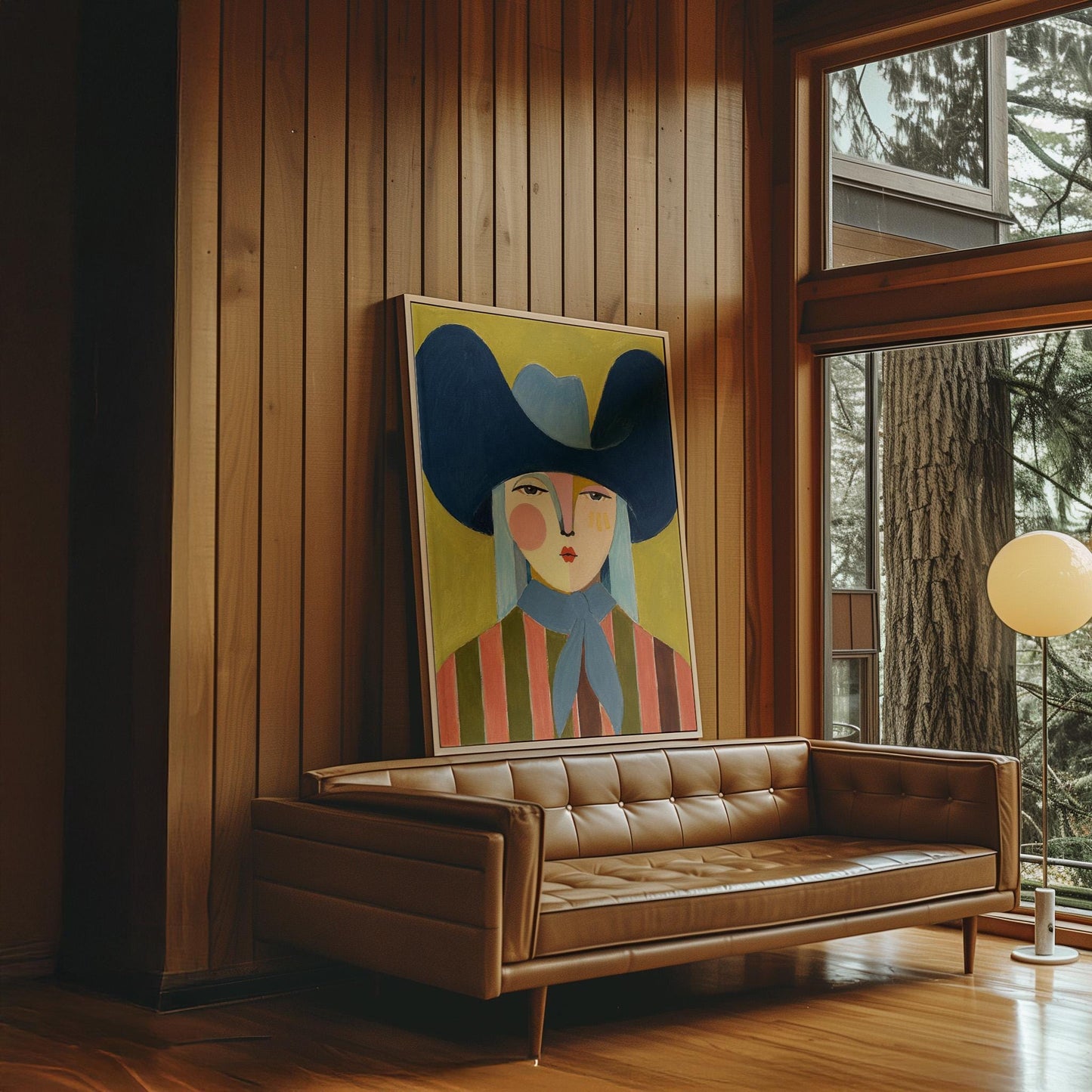 Folk cowgirl in an oversized navy hat and blue neckerchief on mustard, canvas print presented in a light, minimal room