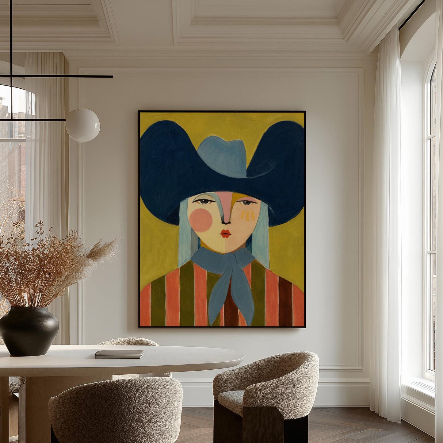 Folk cowgirl in an oversized navy hat and blue neckerchief on mustard, canvas print shown to scale in a furnished room