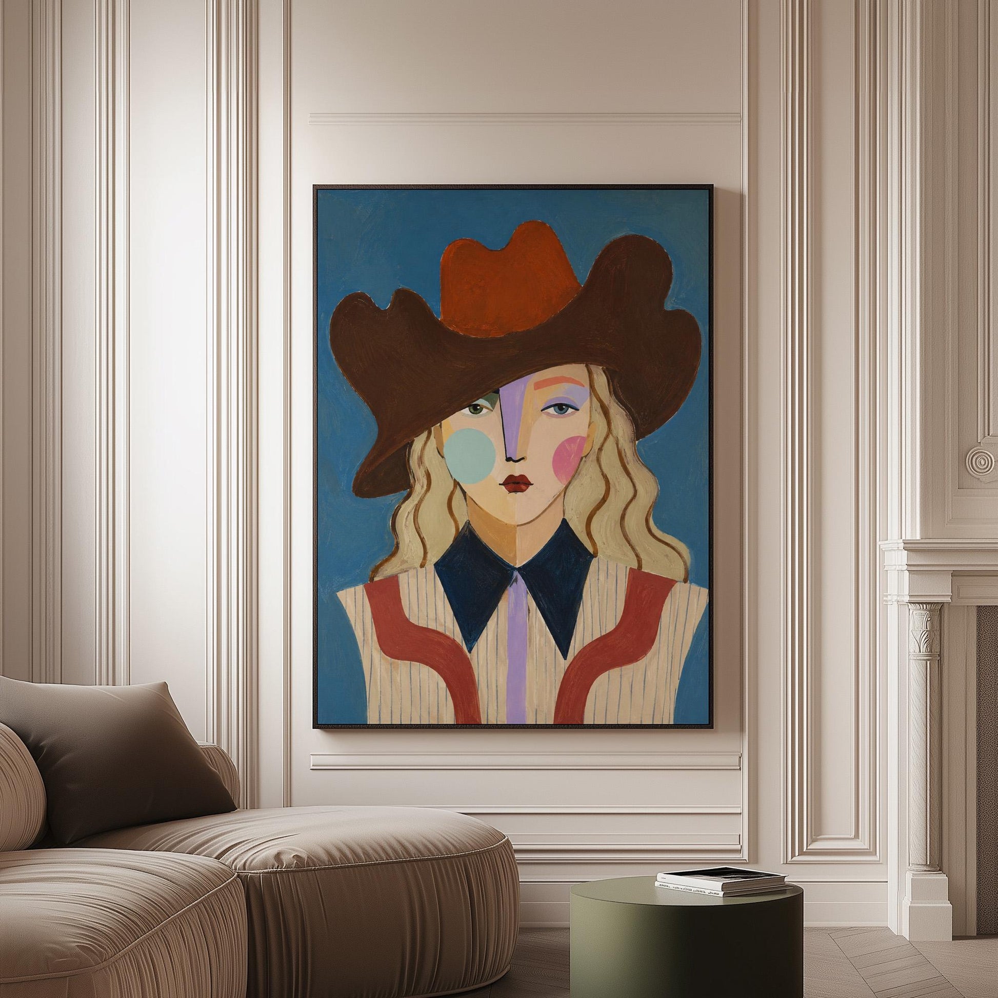Blonde cowgirl in a rust cowboy hat with a cubist face on deep blue, canvas print on a softly lit wall in a calm interior