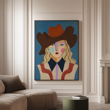 Blonde cowgirl in a rust cowboy hat with a cubist face on deep blue, canvas print on a softly lit wall in a calm interior