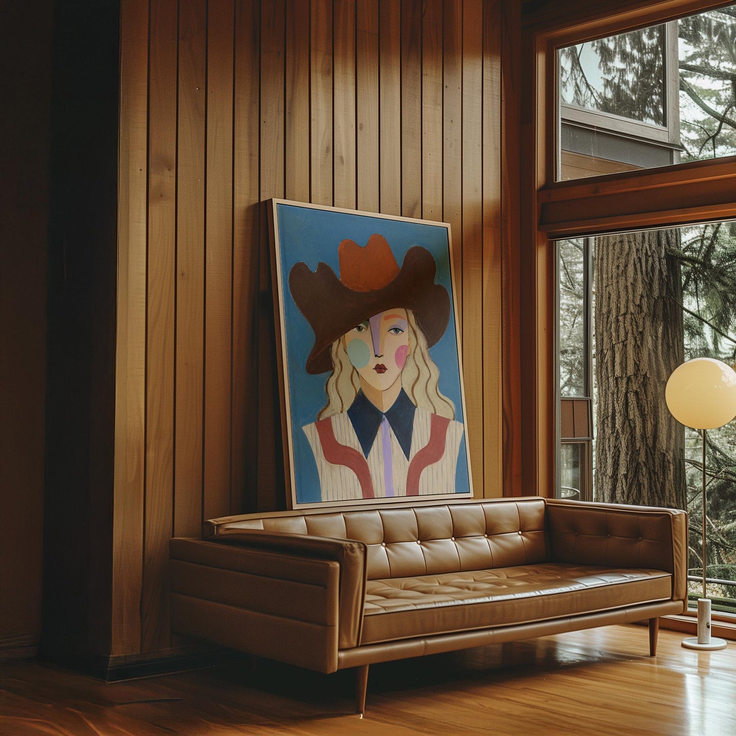 Blonde cowgirl in a rust cowboy hat with a cubist face on deep blue, canvas print presented in a light, minimal room