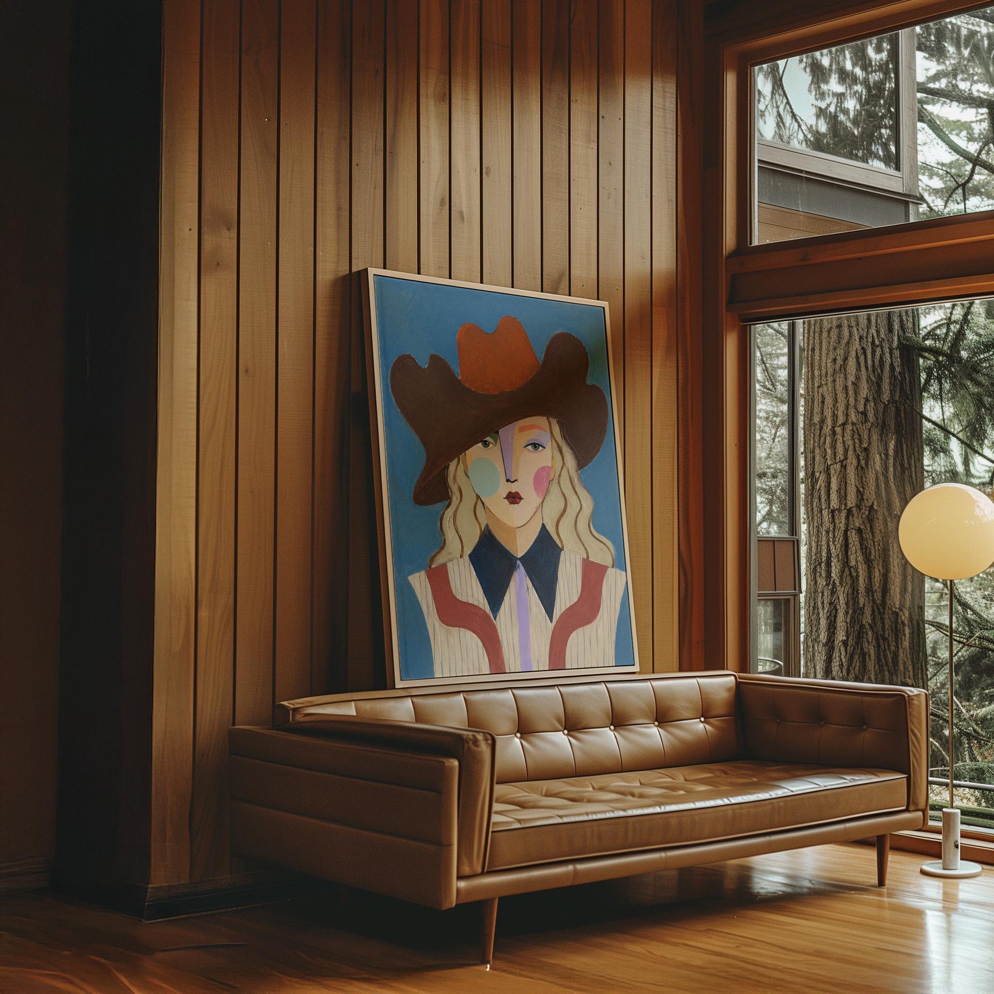 Blonde cowgirl in a rust cowboy hat with a cubist face on deep blue, canvas print presented in a light, minimal room