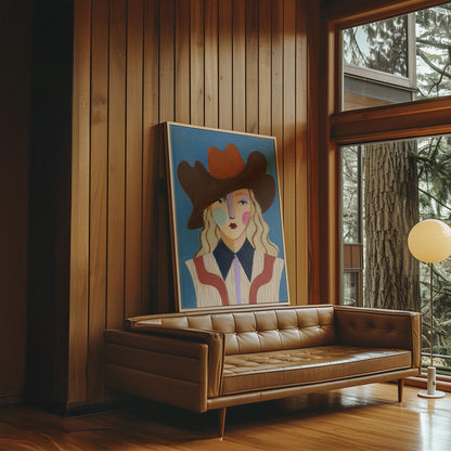 Blonde cowgirl in a rust cowboy hat with a cubist face on deep blue, canvas print presented in a light, minimal room