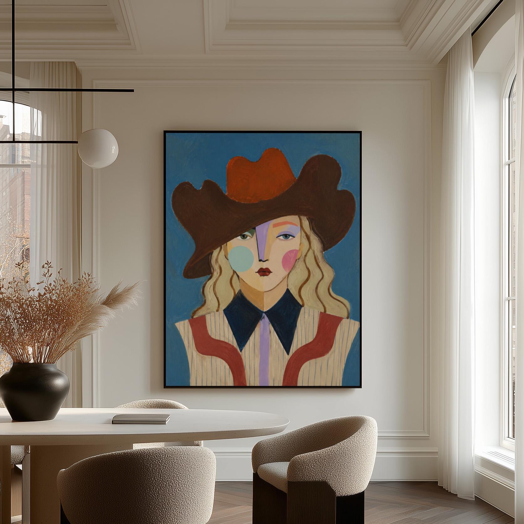 Blonde cowgirl in a rust cowboy hat with a cubist face on deep blue, canvas print styled against a soft white wall