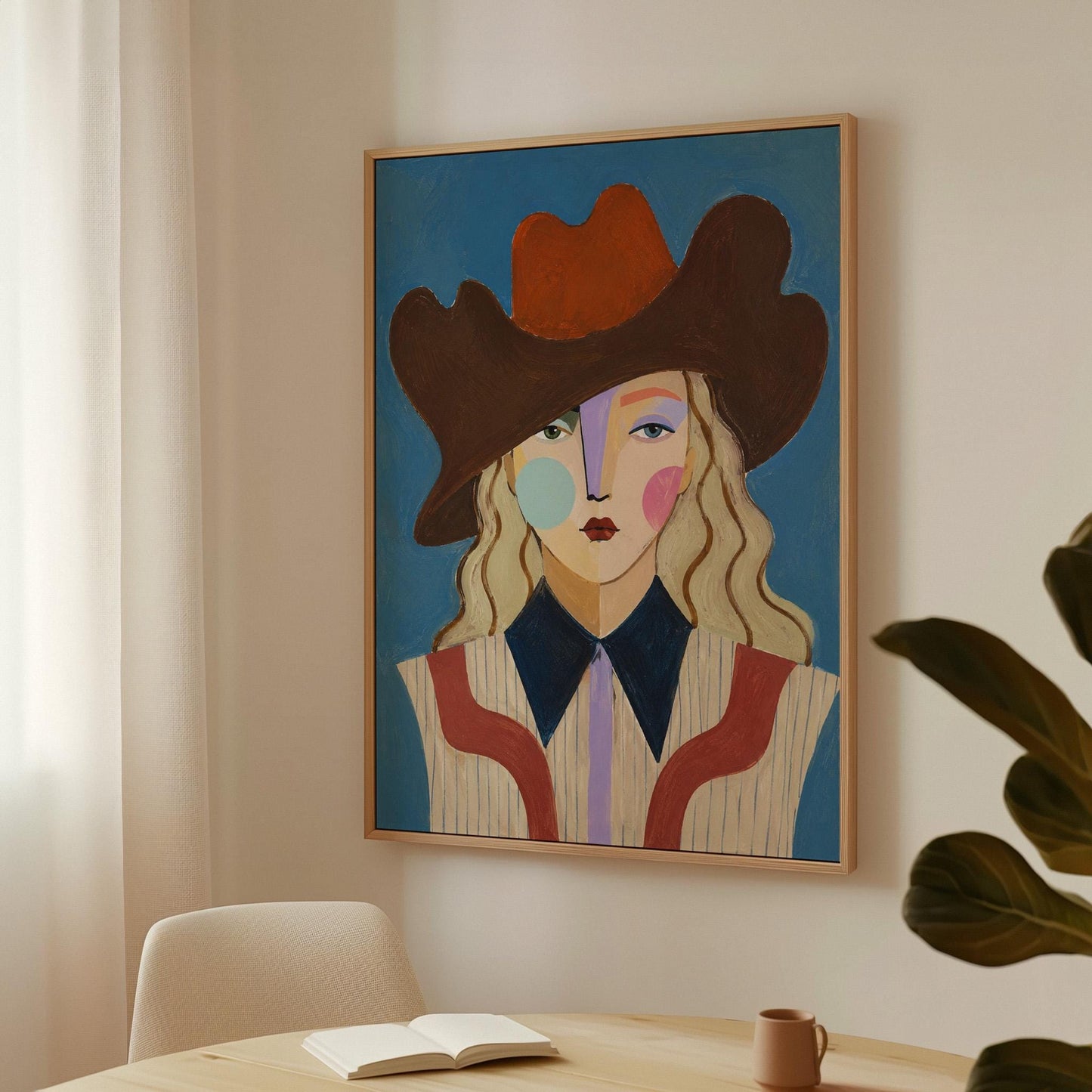 Blonde cowgirl in a rust cowboy hat with a cubist face on deep blue, canvas wall art presented in a light, minimal room