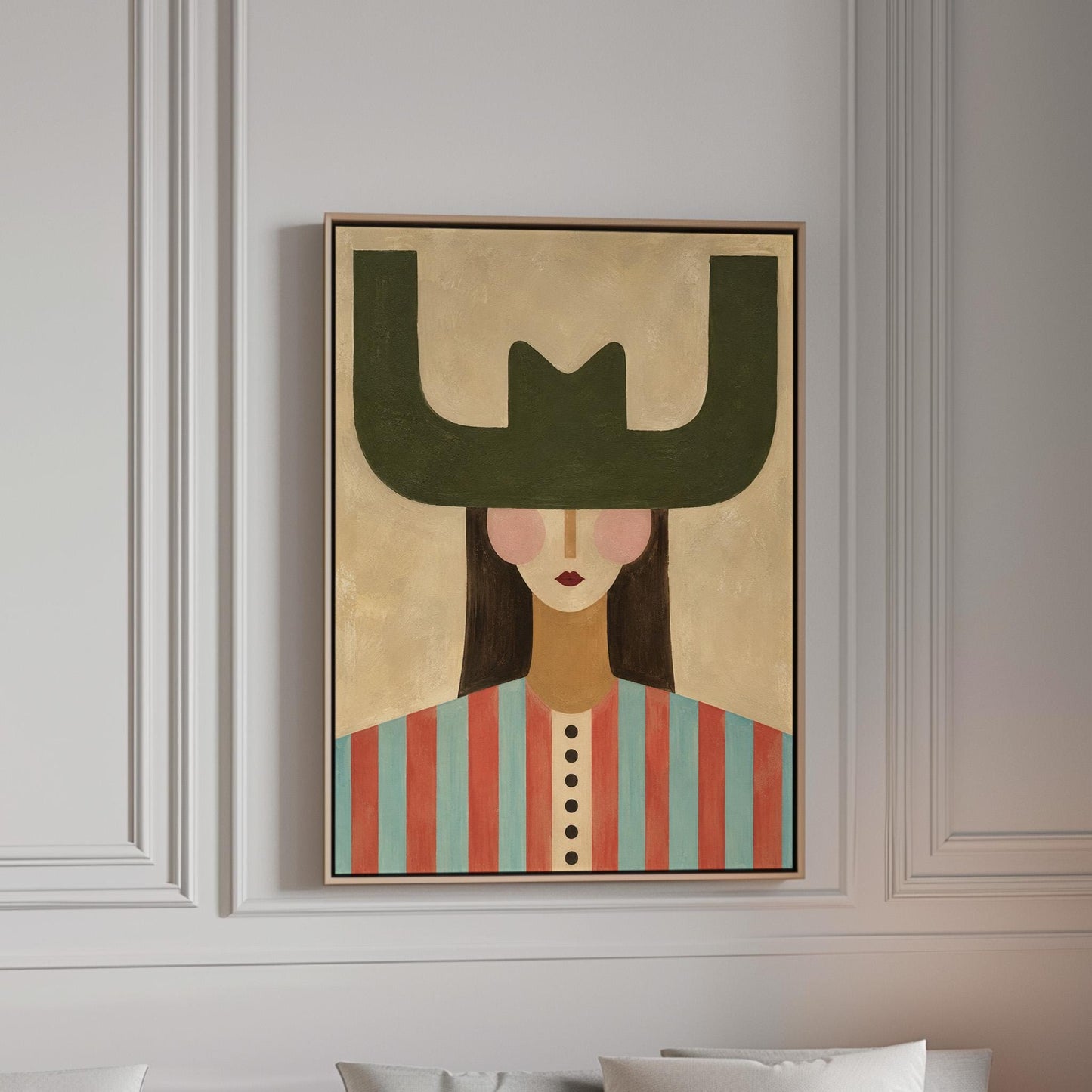 Minimal cowgirl with a bold green hat and red-teal striped shirt on cream, canvas print in a bright room with natural daylight