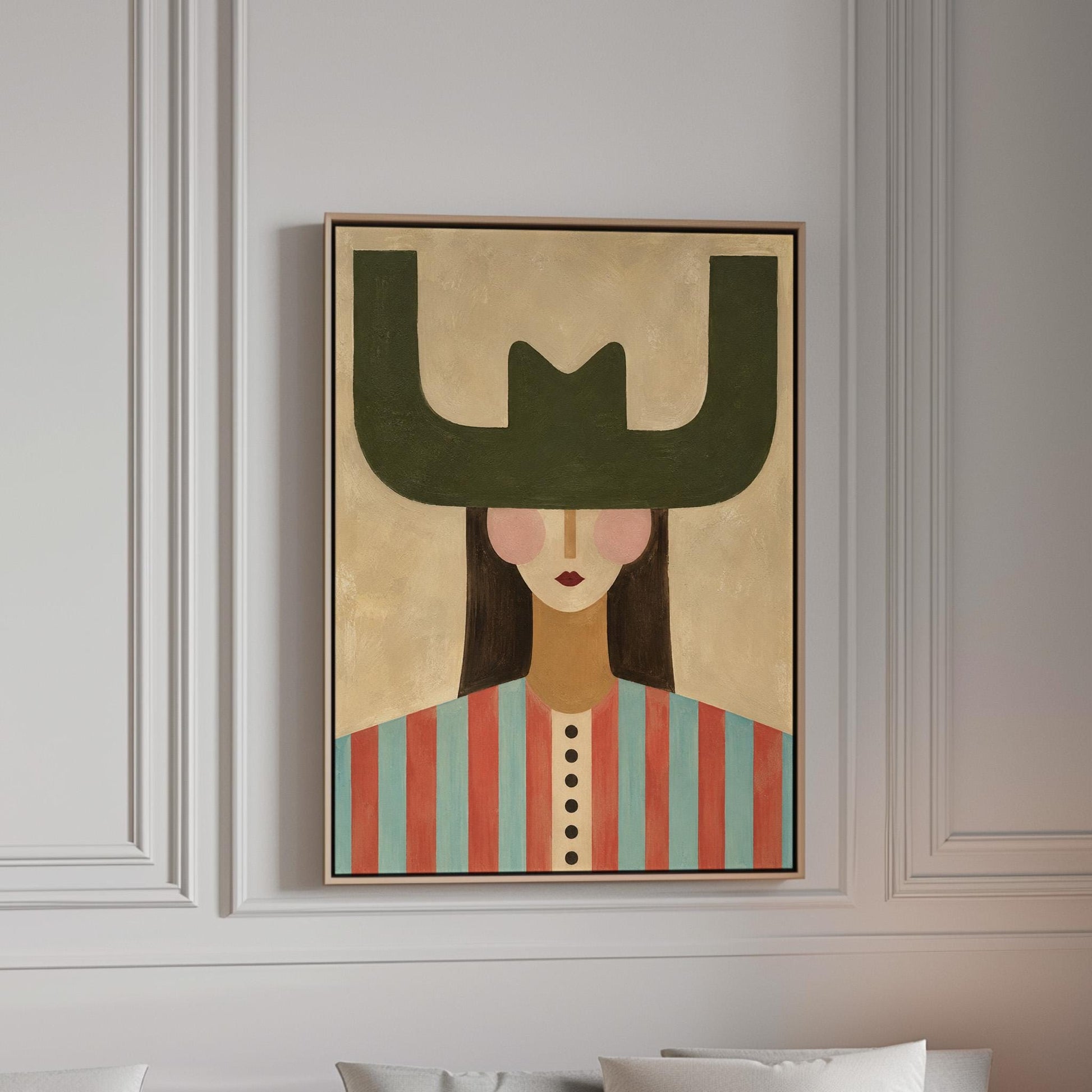 Minimal cowgirl with a bold green hat and red-teal striped shirt on cream, canvas print in a bright room with natural daylight