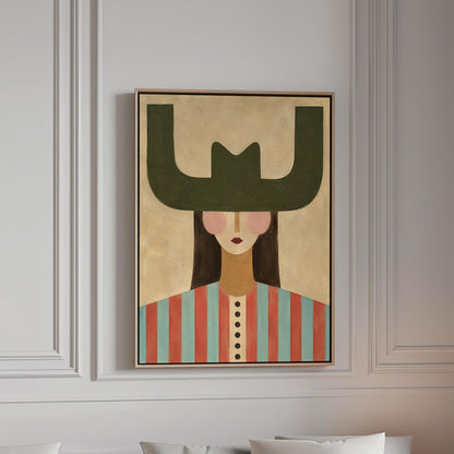 Minimal cowgirl with a bold green hat and red-teal striped shirt on cream, canvas print in a bright room with natural daylight