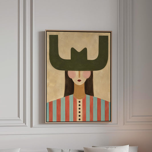 Minimal cowgirl with a bold green hat and red-teal striped shirt on cream, canvas print in a bright room with natural daylight
