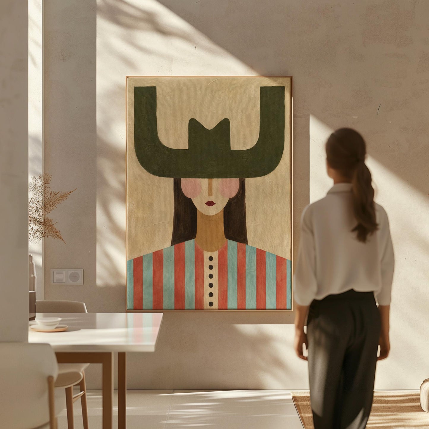 Minimal cowgirl with a bold green hat and red-teal striped shirt on cream, canvas print hanging in a calm, modern living space
