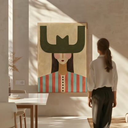 Minimal cowgirl with a bold green hat and red-teal striped shirt on cream, canvas print hanging in a calm, modern living space