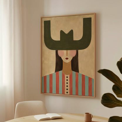 Minimal cowgirl with a bold green hat and red-teal striped shirt on cream, canvas print presented in a light, minimal room