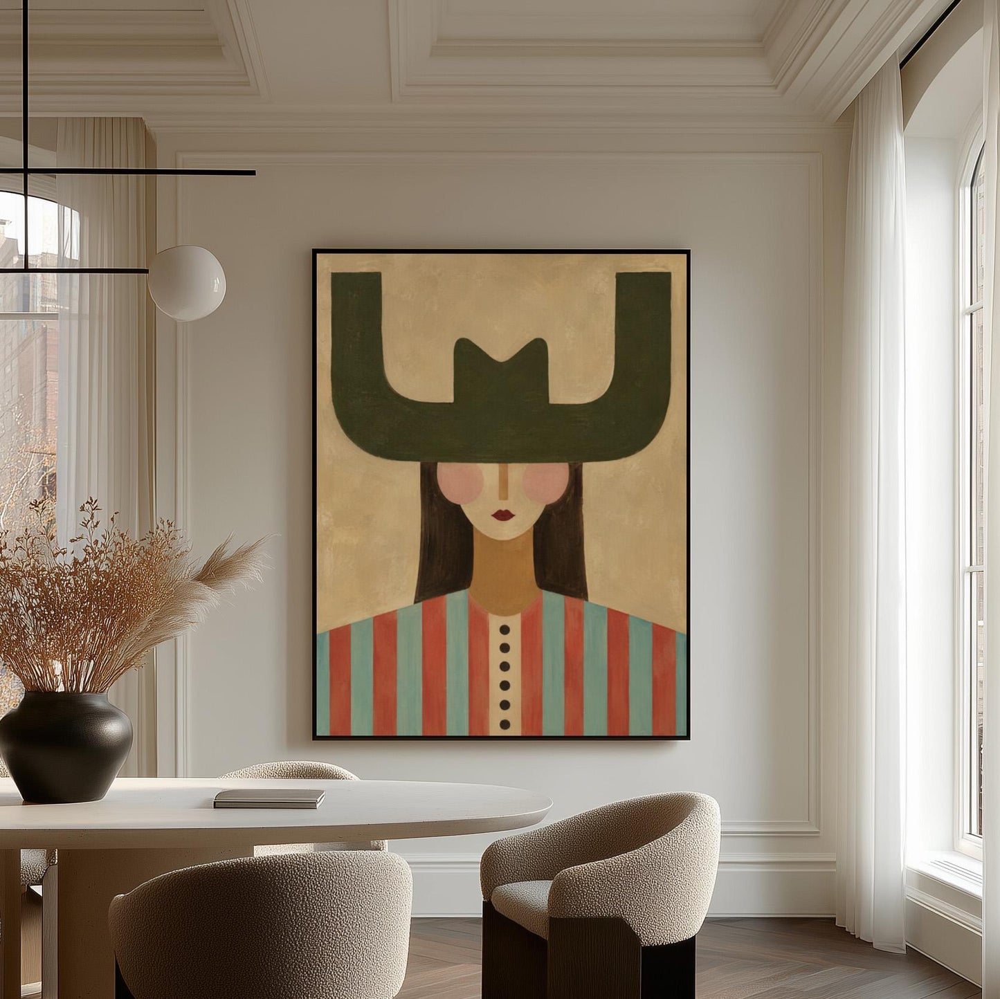 Minimal cowgirl with a bold green hat and red-teal striped shirt on cream, canvas print shown in a sunlit, contemporary room