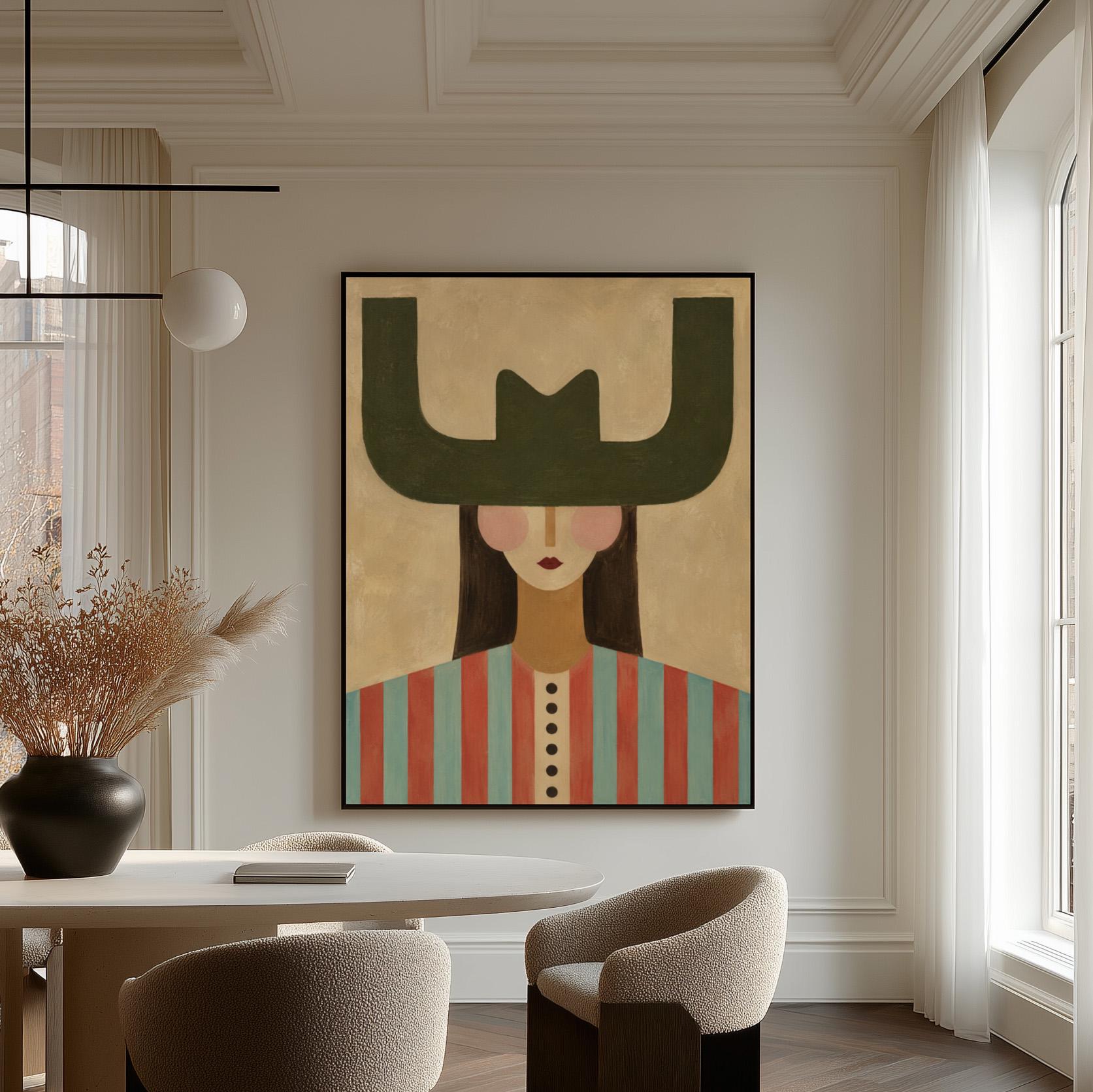 Minimal cowgirl with a bold green hat and red-teal striped shirt on cream, canvas print shown in a sunlit, contemporary room