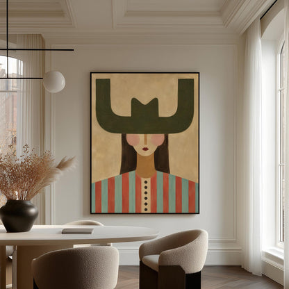 Minimal cowgirl with a bold green hat and red-teal striped shirt on cream, canvas print shown in a sunlit, contemporary room