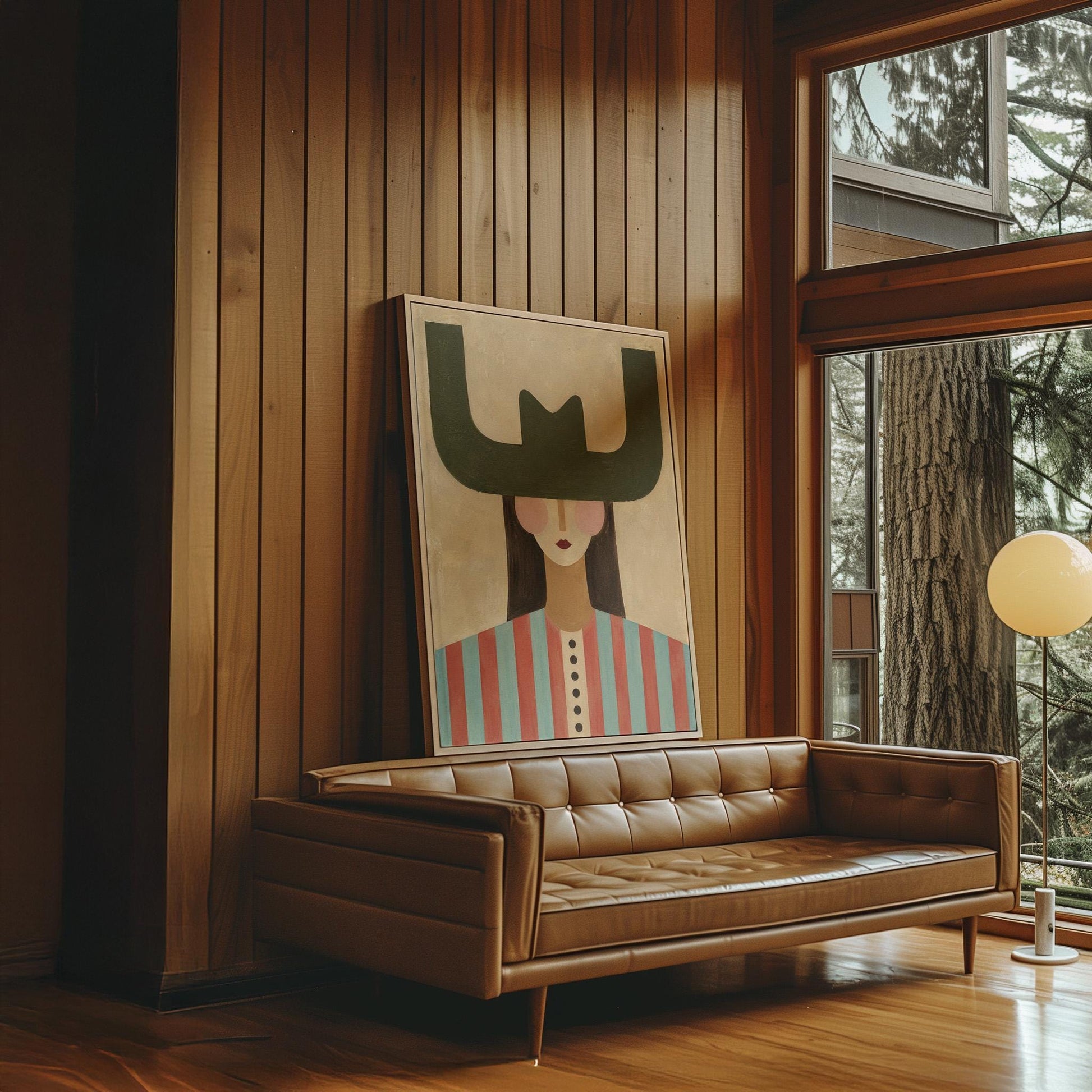 Minimal cowgirl with a bold green hat and red-teal striped shirt on cream, canvas wall art styled against a soft white wall