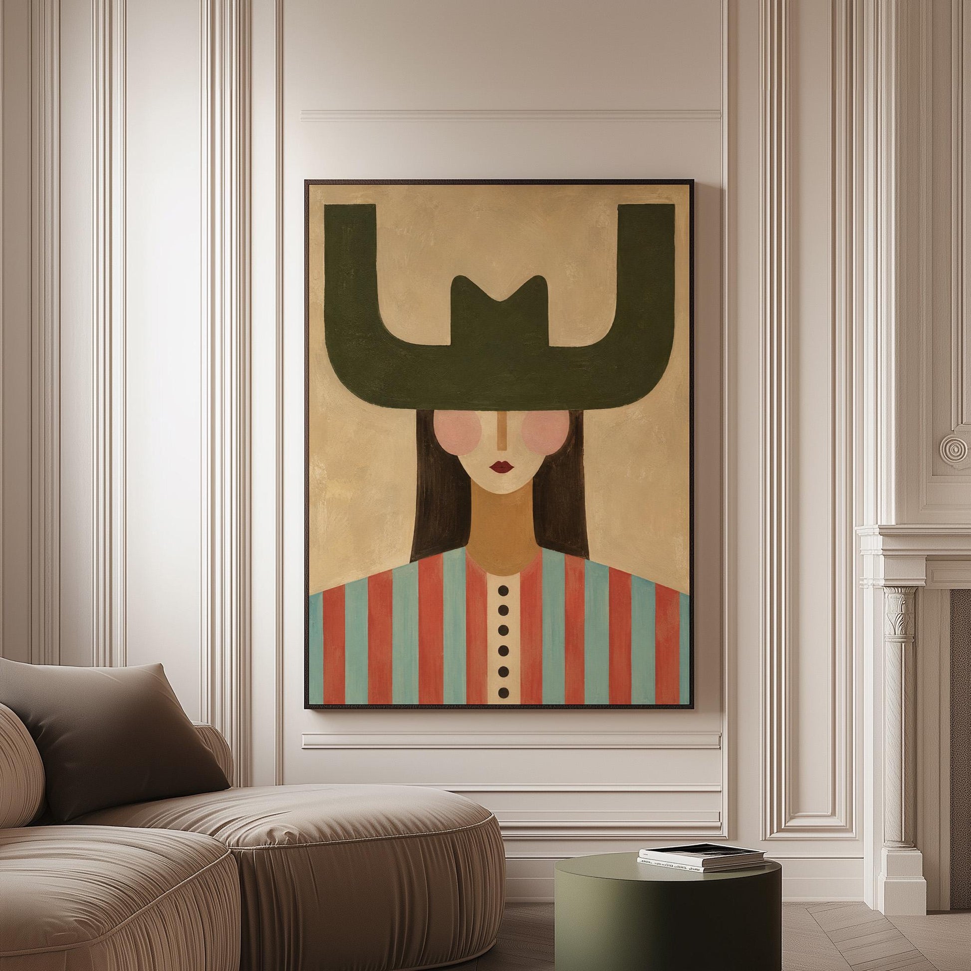 Minimal cowgirl with a bold green hat and red-teal striped shirt on cream, canvas print on a softly lit wall in a calm interior