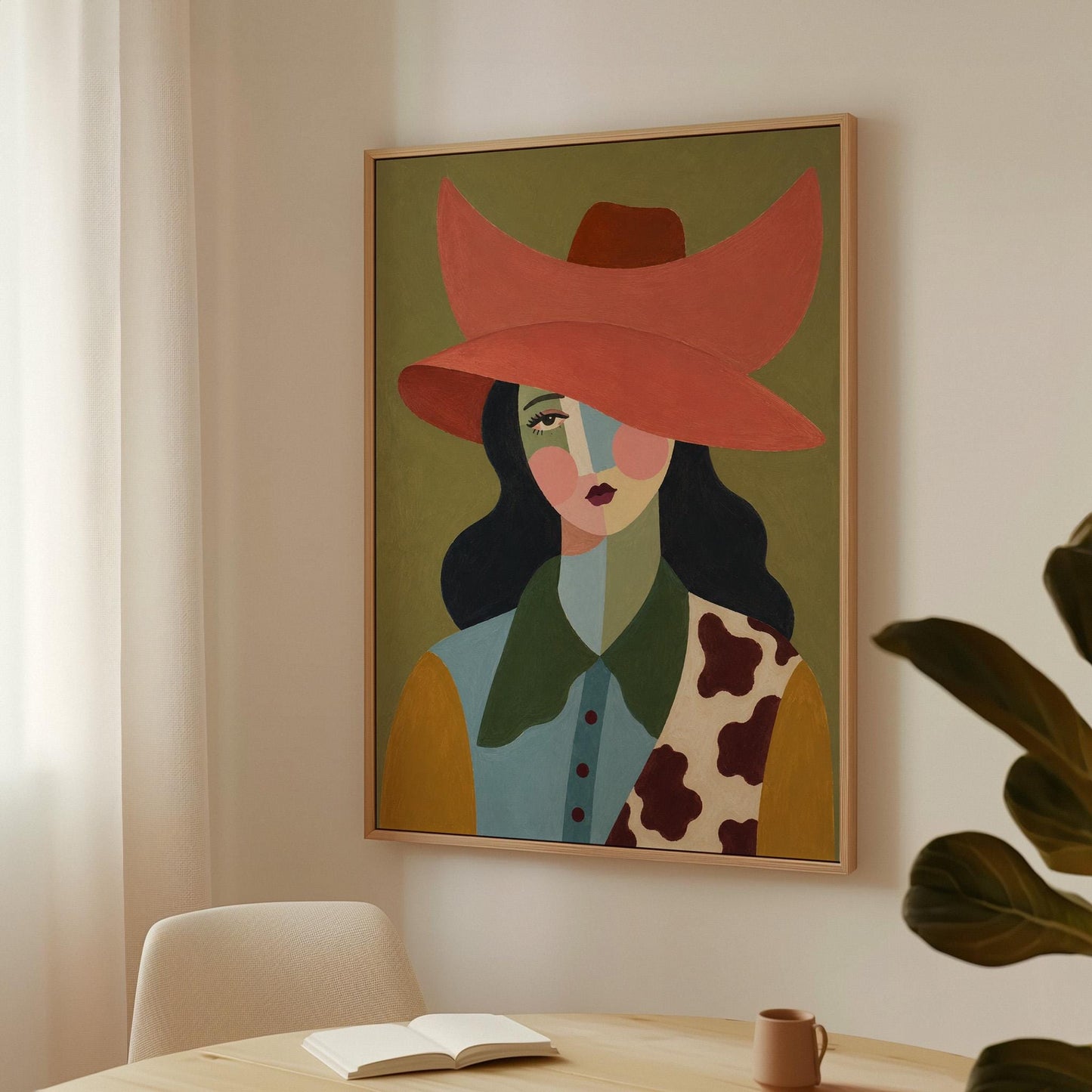 Cowgirl in a wide coral hat with a cubist face and cow-print collar on olive, canvas print presented in a light, minimal room