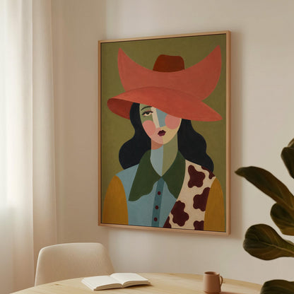 Cowgirl in a wide coral hat with a cubist face and cow-print collar on olive, canvas print presented in a light, minimal room
