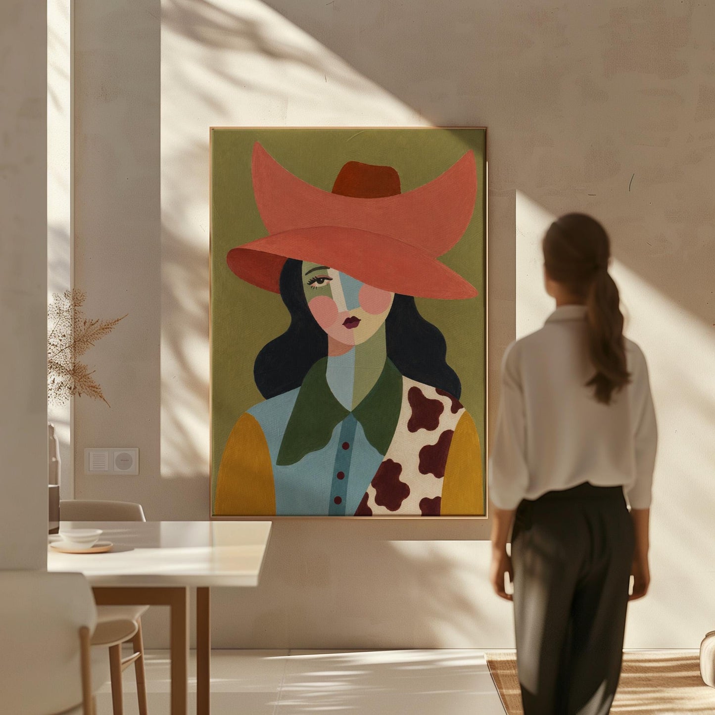 Cowgirl in a wide coral hat with a cubist face and cow-print collar on olive, canvas wall art seen in a warm interior with natural light
