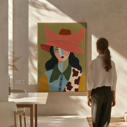 Cowgirl in a wide coral hat with a cubist face and cow-print collar on olive, canvas wall art seen in a warm interior with natural light