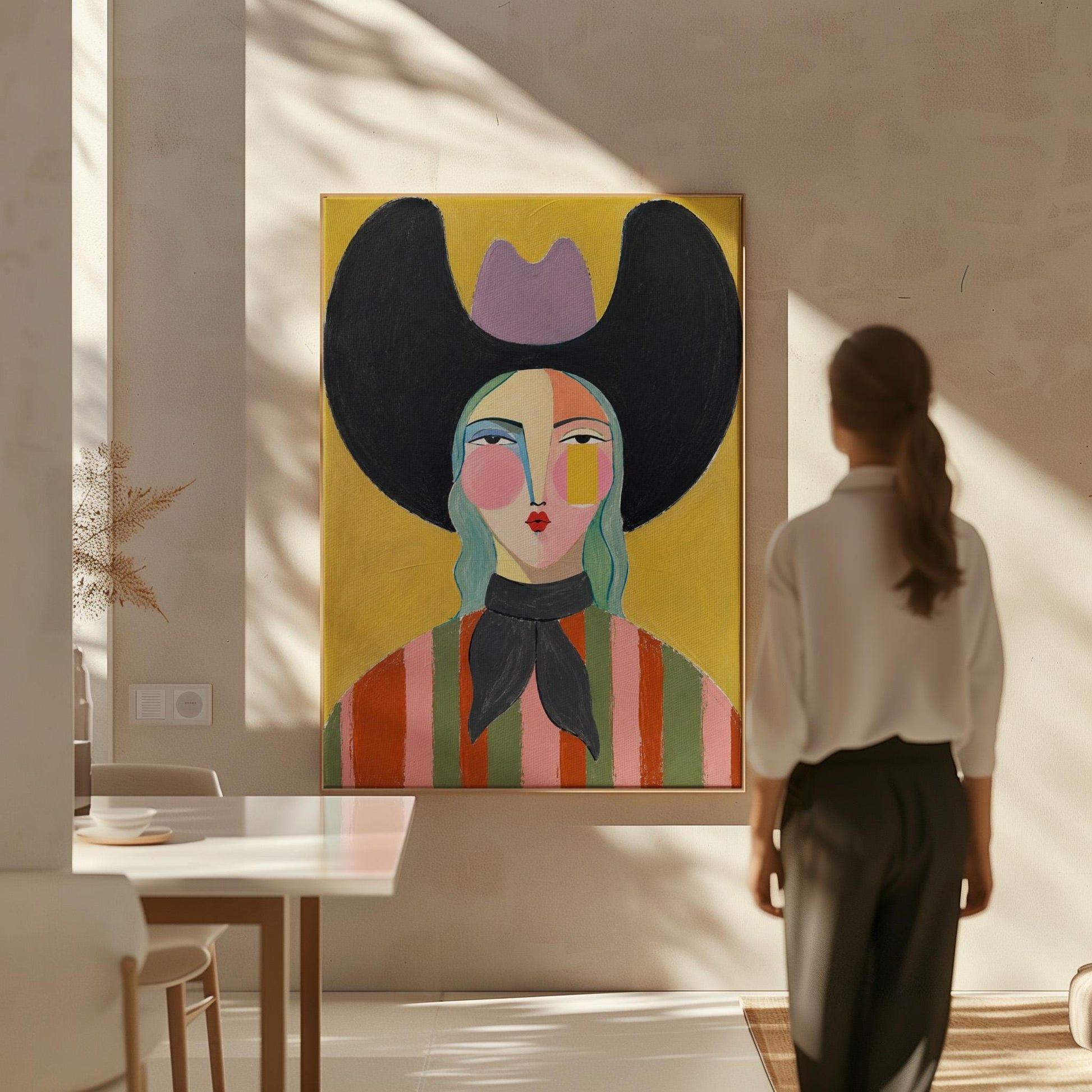 Folk cowgirl with teal hair, a big black hat and striped shirt on golden yellow, canvas print hanging in a calm, modern living space