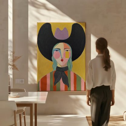 Folk cowgirl with teal hair, a big black hat and striped shirt on golden yellow, canvas print hanging in a calm, modern living space