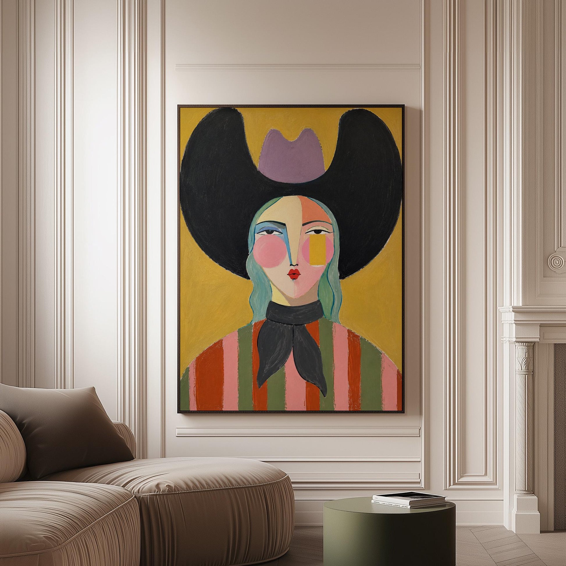 Folk cowgirl with teal hair, a big black hat and striped shirt on golden yellow, canvas print on a softly lit wall in a calm interior