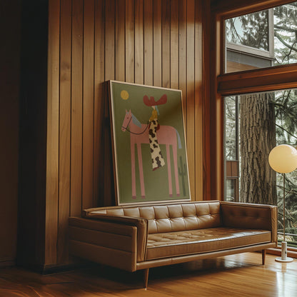 Cowgirl in a red hat riding a long-legged pink horse past a cactus at sunset, canvas print hanging in a calm, modern living space