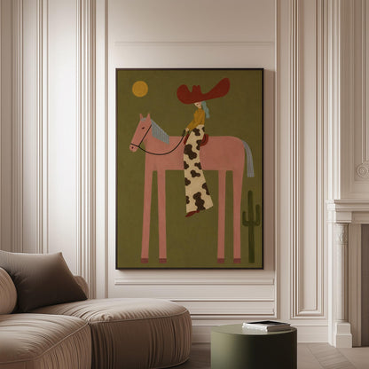 Cowgirl in a red hat riding a long-legged pink horse past a cactus at sunset, canvas print on a softly lit wall in a calm interior