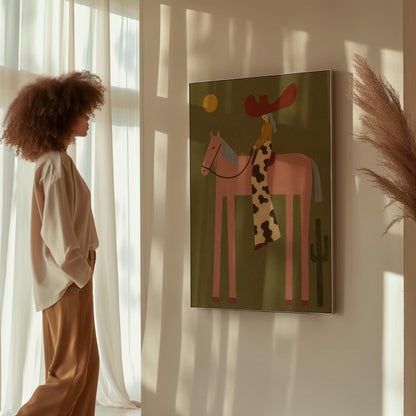 Cowgirl in a red hat riding a long-legged pink horse past a cactus at sunset, canvas print displayed on a neutral wall in a styled interior